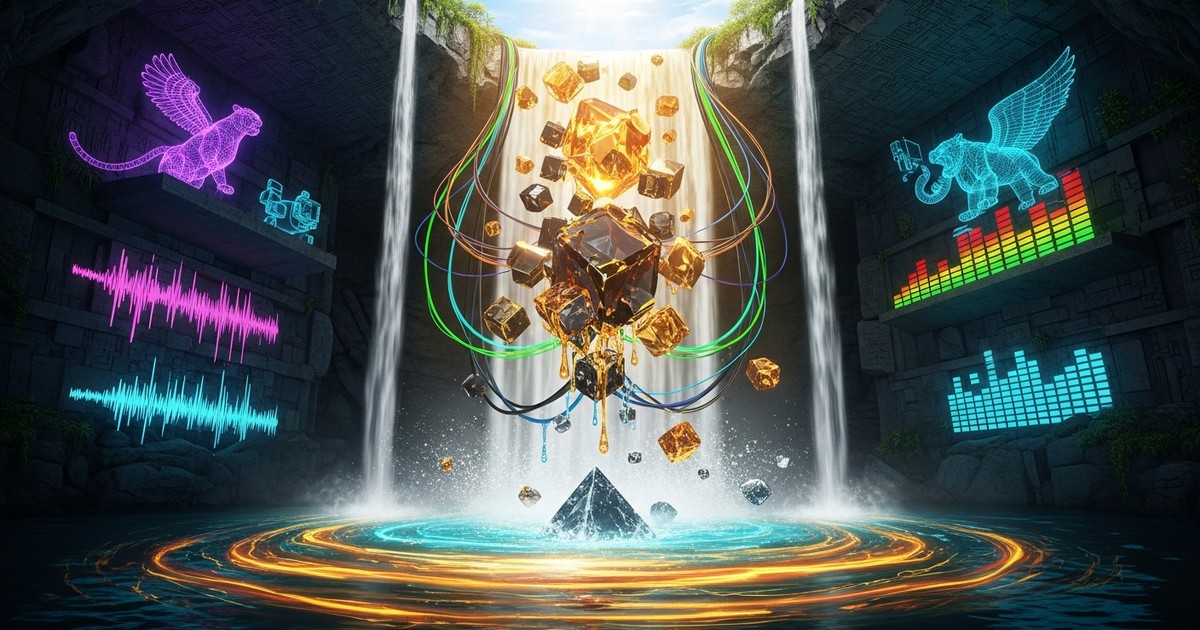 Surreal digital cenote in Mexico with glowing data waterfalls, neon alebrijes, and Aztec waveform carvings representing music revenue.