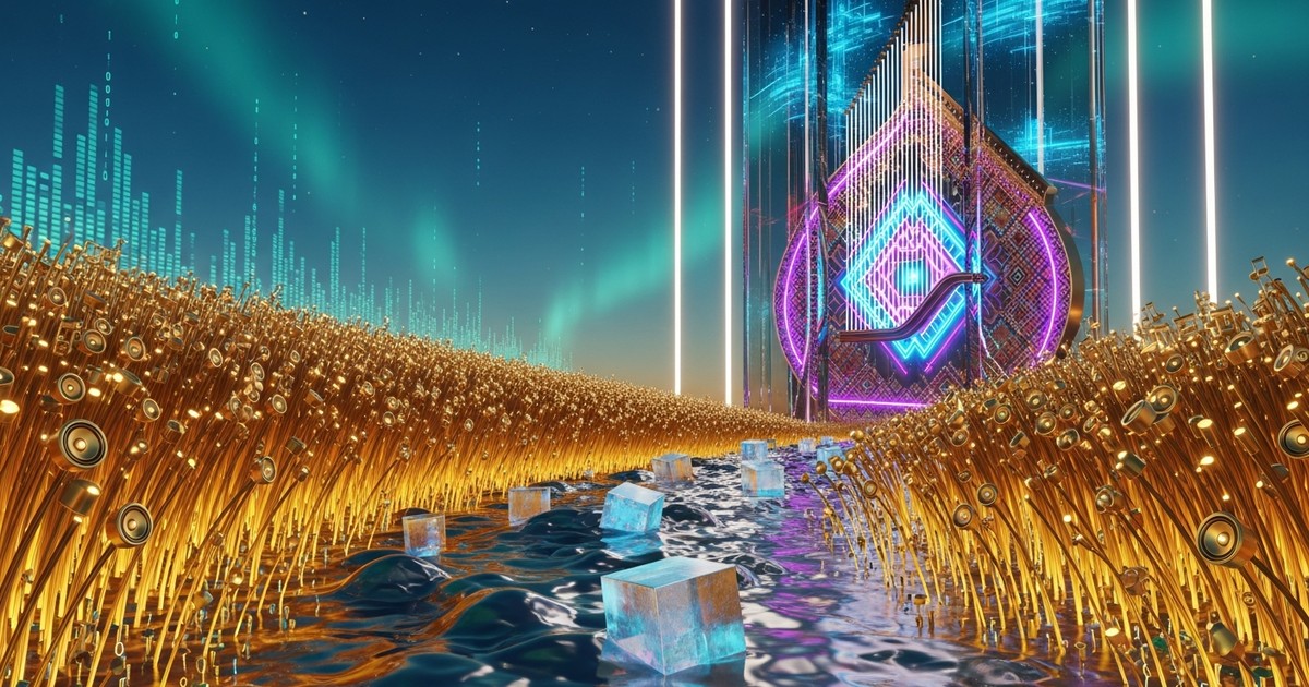 Surreal digital landscape featuring fiber-optic golden wheat fields and a monumental glass Bandura instrument, symbolizing Ukrainian music