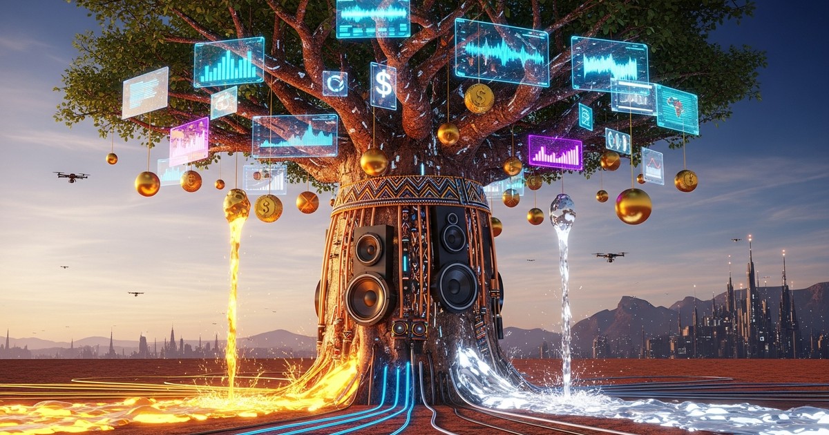 Afrofuturist digital art: A towering tree made of gold circuits and speaker cones stands on red African soil, glowing with holographic data