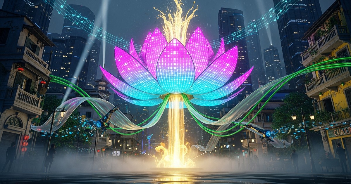 Surreal digital art of a glowing golden lotus rising from a futuristic, neon-lit version of Hanoi, symbolizing Vietnam's high music revenue