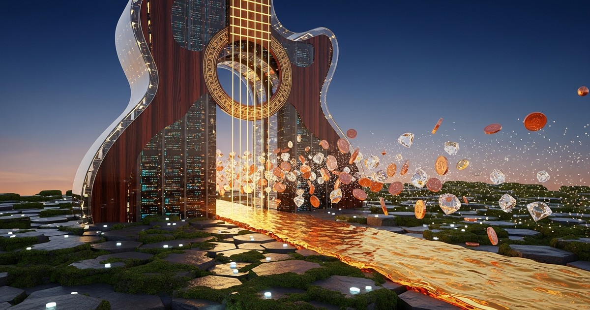 A surreal, monumental digital art piece depicting a deconstructed Spanish guitar transforming into a golden architectural gateway.