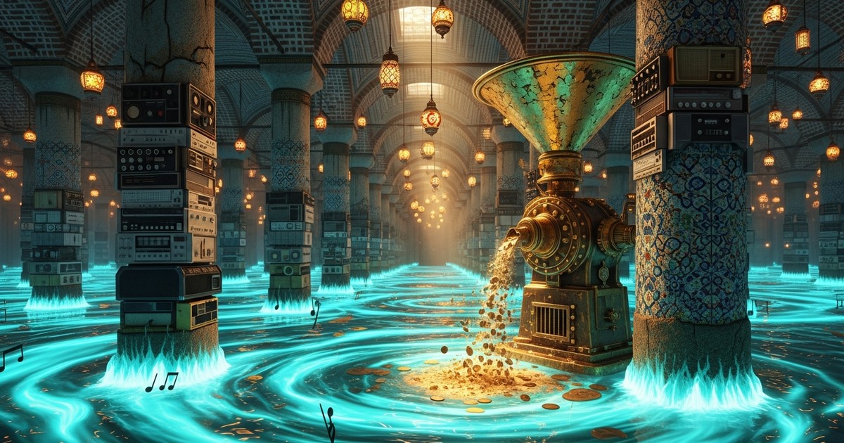 A surreal, cinematic illustration of a vast, ornate Turkish cistern where flowing streams of digital music drain into a small, intricate