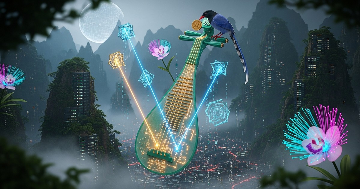 Surreal digital art of a futuristic Pipa lute made of jade and circuitry floating over a neon-lit, misty Taiwanese mountain landscape.