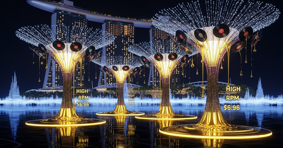 A surreal, futuristic digital landscape featuring a bioluminescent Singapore skyline where giant biomechanical orchids made of sound waves