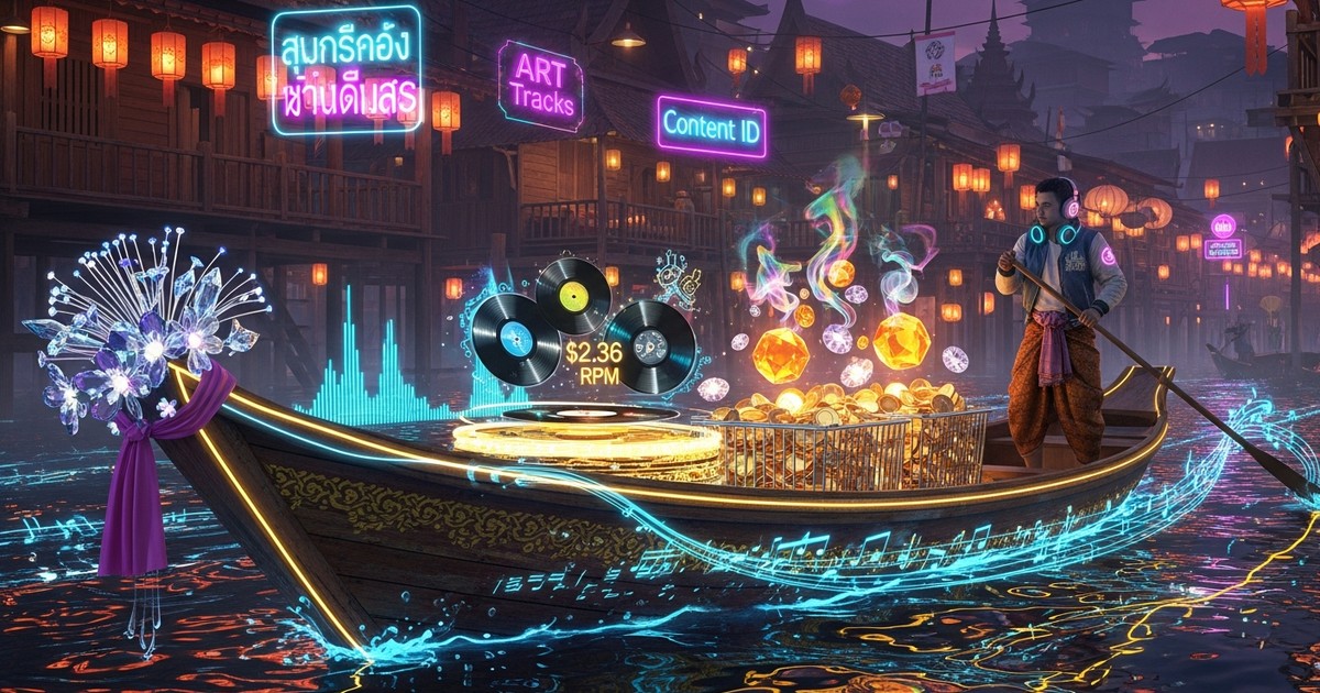 A futuristic Thai floating market scene featuring a long-tail boat carrying glowing musical orbs and flowing golden liquid data streams.