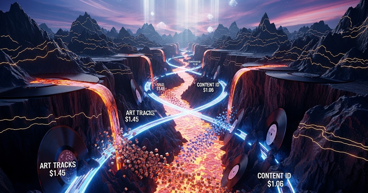 A surreal, vertical 3D landscape of stylized Andean mountains made of dark vinyl and obsidian, with rivers of molten copper and glowing