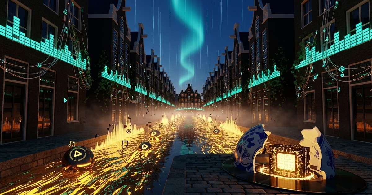 Surreal digital art of an Amsterdam canal at night filled with glowing golden liquid data, framed by futuristic stepped-gable server towers.