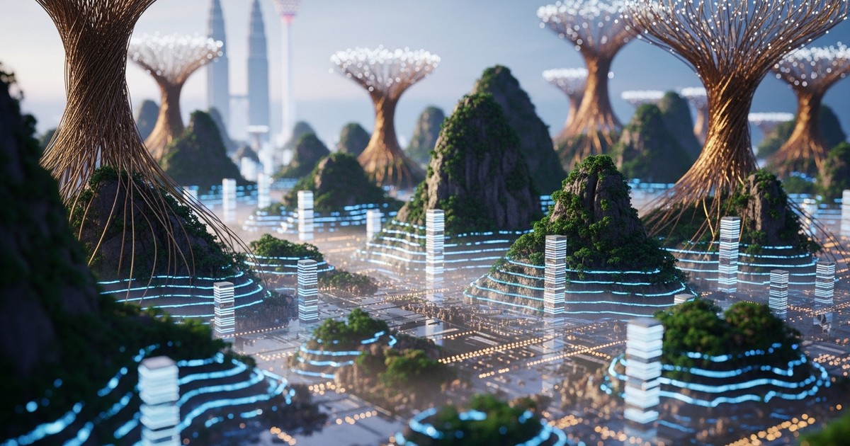 A surreal, macro-photography style 3D rendering of a 'digital rainforest' where intricate Malaysian Batik patterns form circuit board