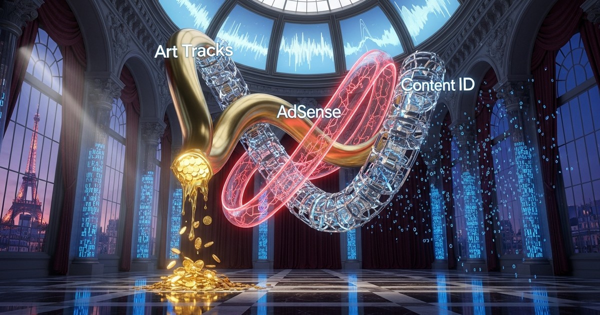 Surreal digital art of a futuristic Baroque Parisian hall with a golden data-sculpture representing music streaming revenue streams.