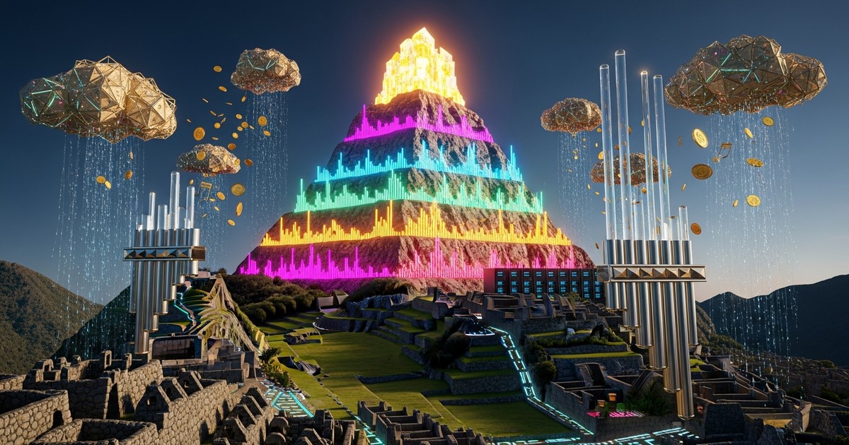 Surreal Andean landscape where Incan agricultural terraces glow with neon data streams, visualizing the rise of Peruvian music revenue.