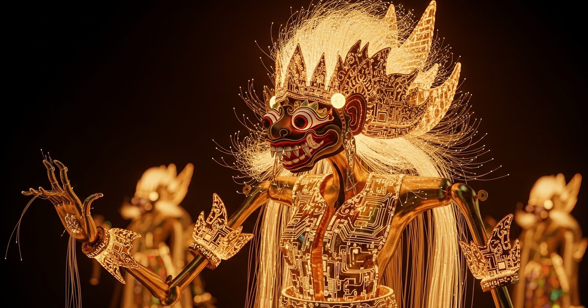 Surreal digital art of a golden Javanese shadow puppet glowing amidst a dark, bioluminescent cyber-jungle, representing high-value music