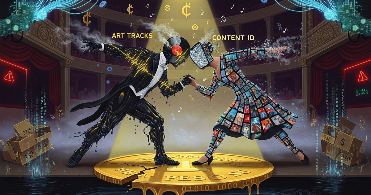 Surreal digital oil painting of two tango dancers made of soundwaves and mirrors, balancing on a melting golden coin in a glitching theater.