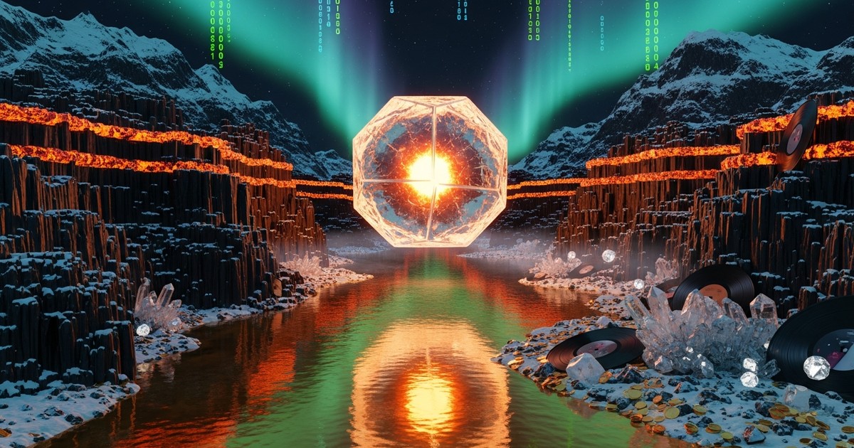 Surreal digital landscape of a Norwegian fjord made of vinyl and ice, with a river of liquid gold and data-stream northern lights.