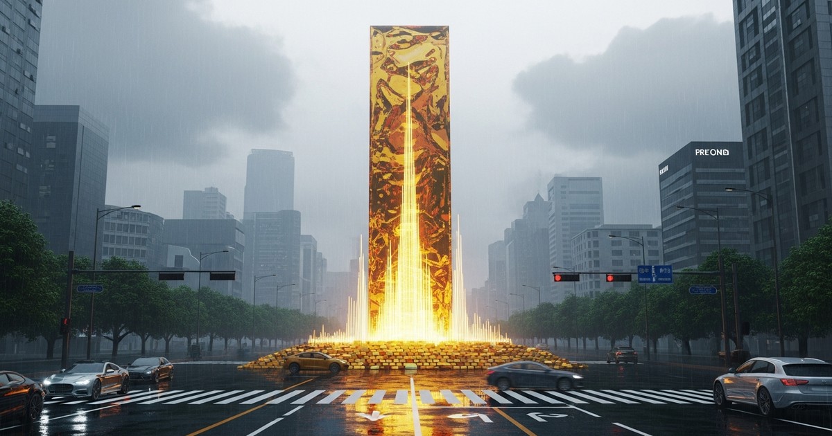 A futuristic cyberpunk cityscape of Seoul featuring a towering golden audio waveform monument rising above a foggy, neon-lit street level,