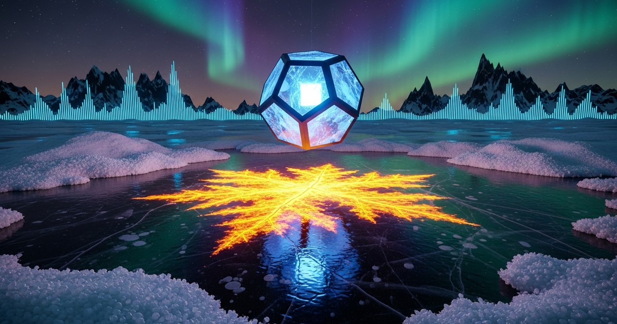 A surreal, cinematic 3D landscape of a frozen Canadian lake where a floating blue crystal structure casts a reflection that is unexpectedly