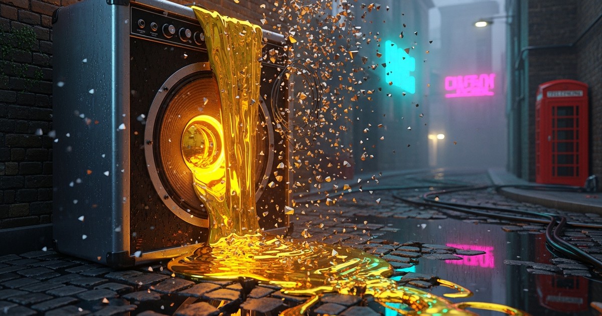 A surreal, cinematic 3D illustration of a London street at twilight where vintage speakers leak liquid gold onto wet cobblestones,