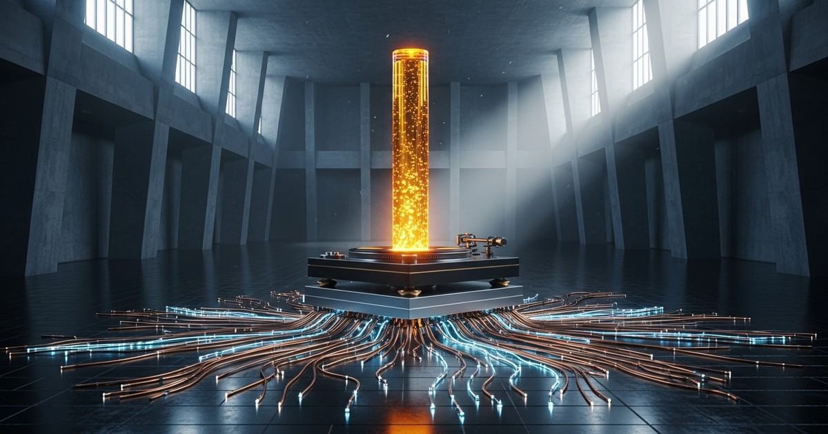 A futuristic, neo-brutalist sound sculpture representing German music revenue, featuring golden liquid light and intricate copper wiring in