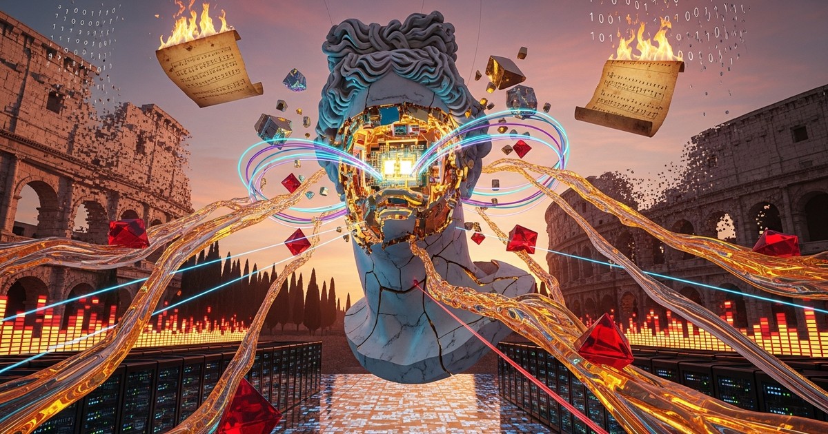 Surreal digital art featuring a fractured marble Roman bust revealing glowing gold circuitry inside, set against a backdrop of data streams