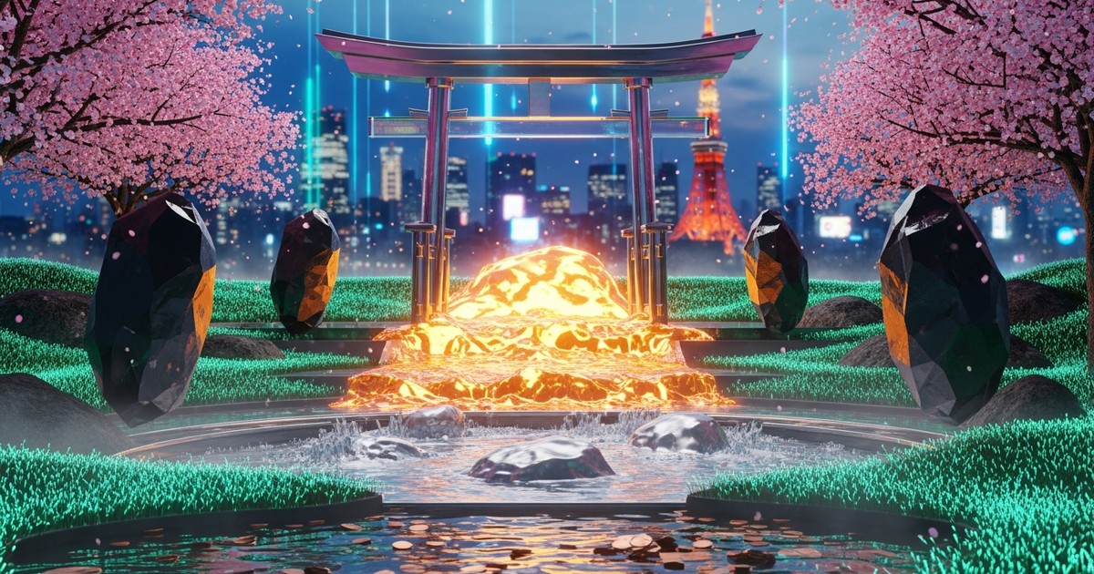 Surreal digital art of a futuristic Japanese Zen garden where a Torii gate made of glass pours a river of liquid gold, symbolizing high