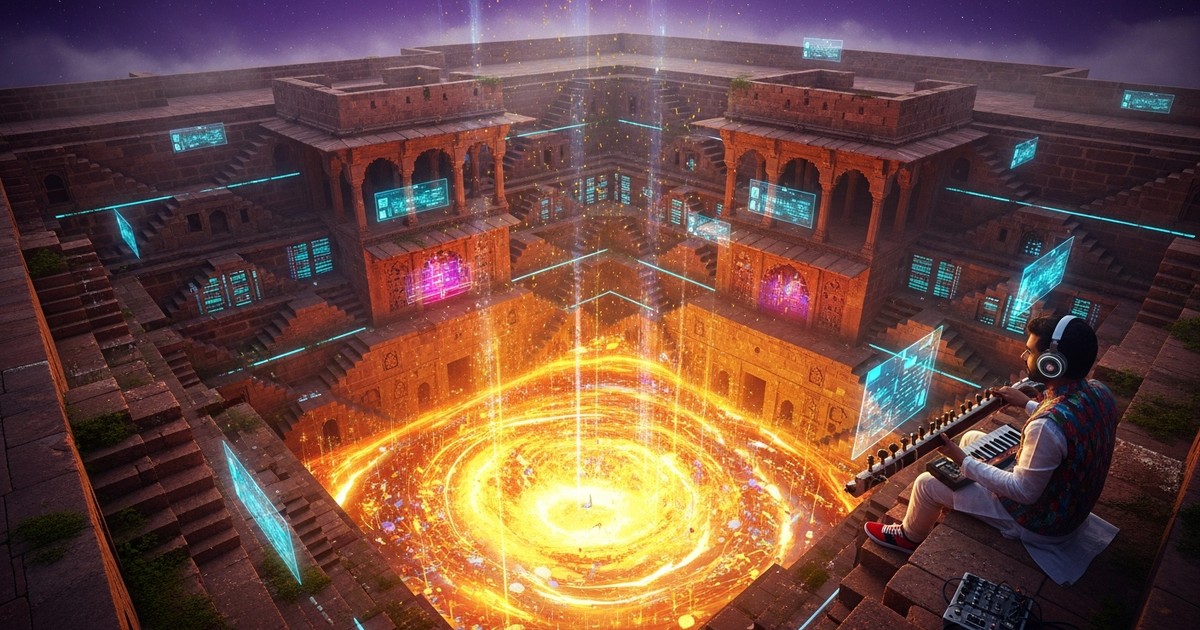 A surreal, cinematic illustration of an infinite Indian stepwell filled with glowing golden liquid light, representing massive music