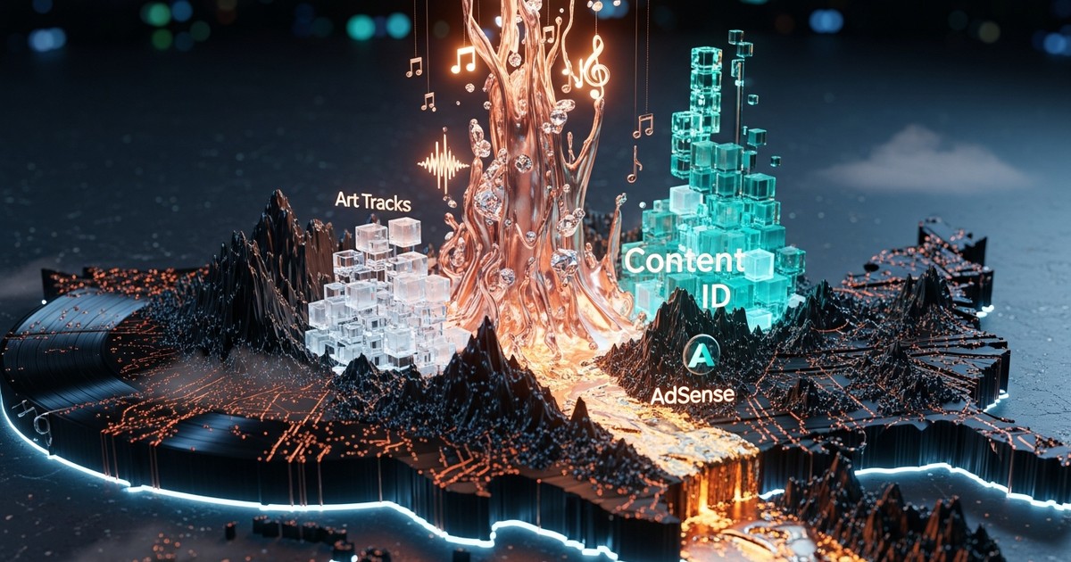 Surreal 3D data art depicting a stylized map of the USA made of black vinyl, with towering geysers of liquid gold representing music