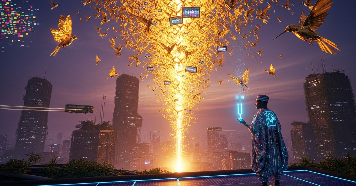 Afrofuturist digital art showing a musician in Lagos whose single musical note explodes into a massive swarm of golden mechanical