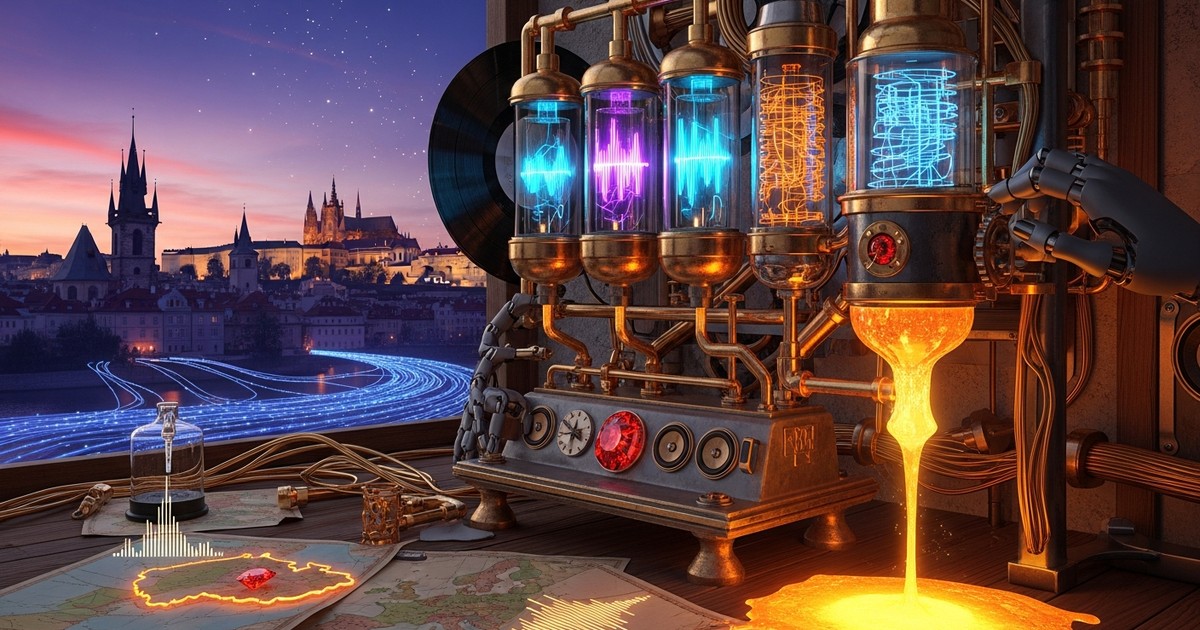 A surreal, Art Nouveau-inspired visualization of a mechanical music machine in Prague turning sound waves into liquid gold.