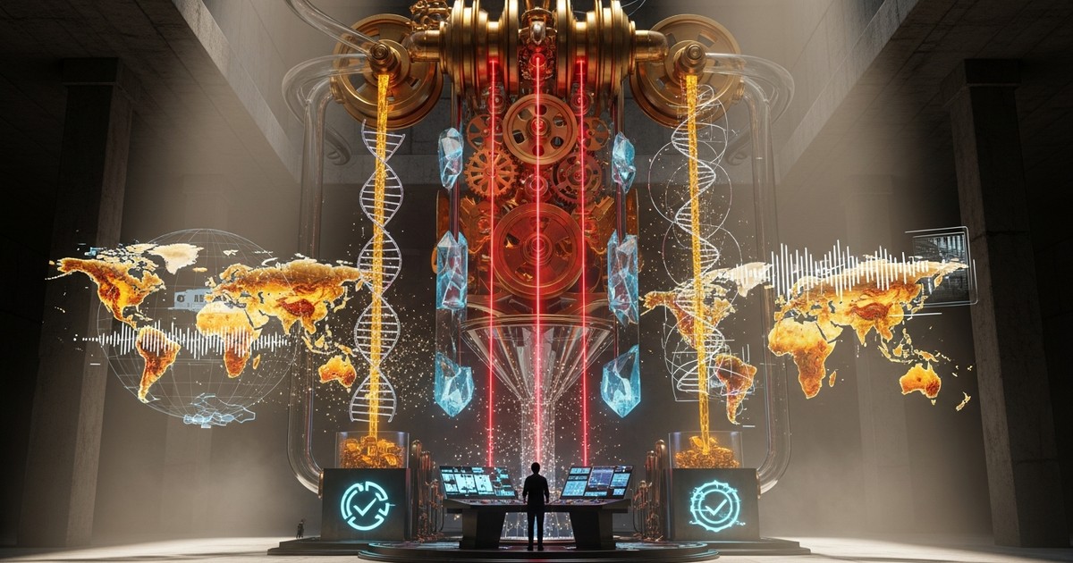 A colossal, glowing kinetic sculpture in a brutalist hall, turning raw sound waves and geometric data streams into pools of liquid gold.