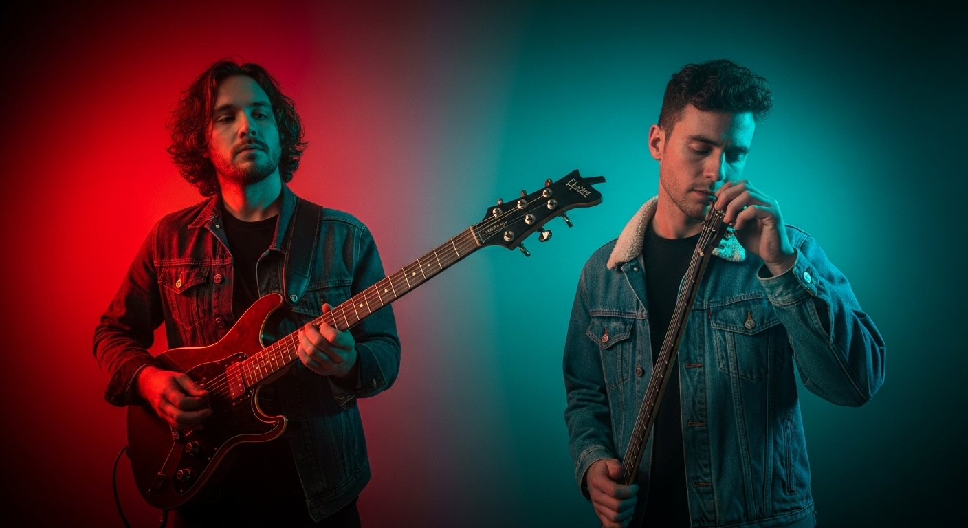 Vibrant editorial photograph depicting artificial intelligence in music