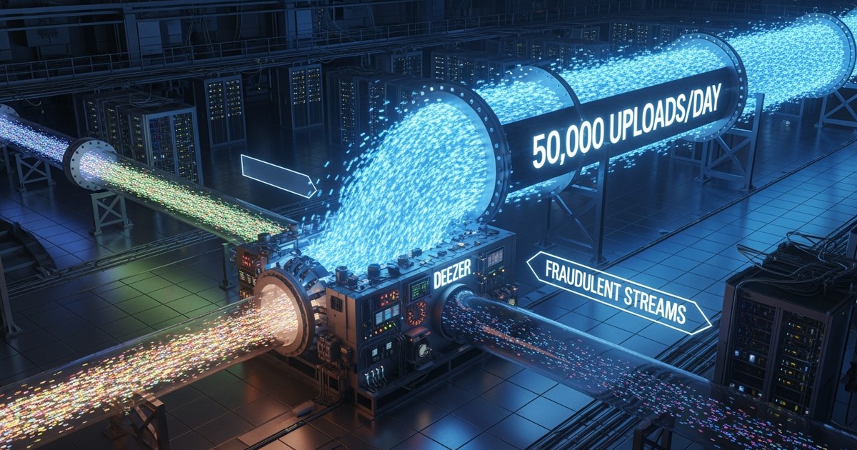 A digital data pipeline filters a massive stream of blue AI-generated music, separating it from a smaller stream of human-mad