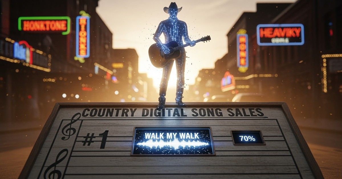 An AI cowboy made of circuits stands on a glitching Billboard country music chart on a Nashville street.