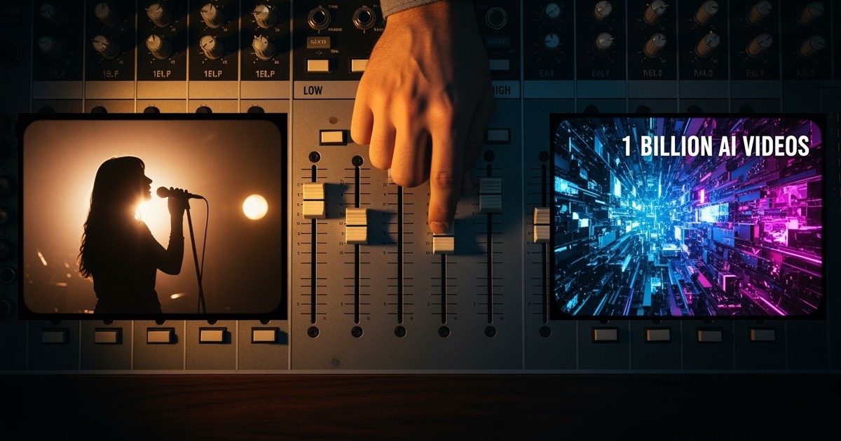 A hand adjusts a slider on a mixing board, separating a warm, human scene from a chaotic, digital one.