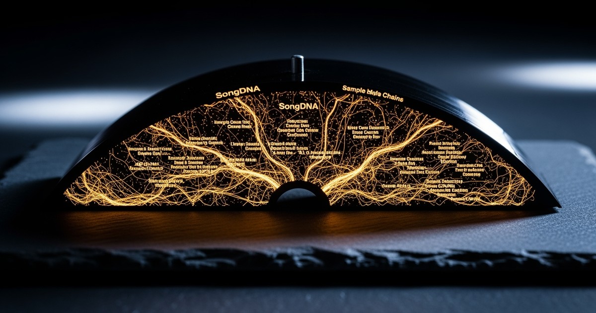A macro shot of a vinyl record's cross-section, with glowing golden threads of data representing SongDNA woven into its groov