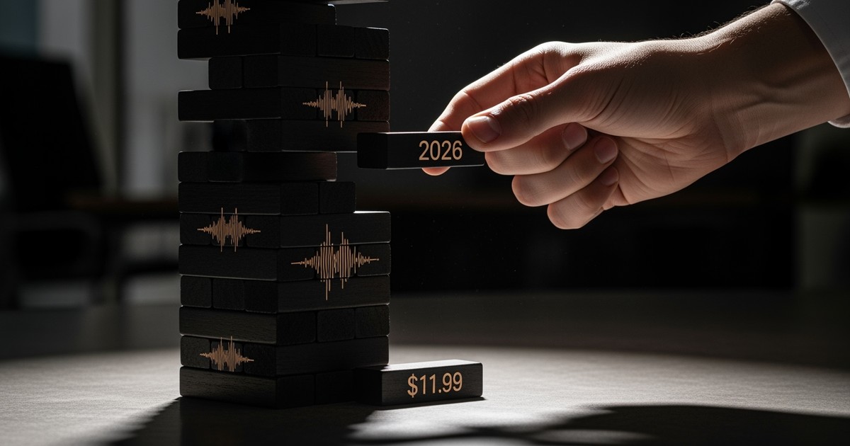 A hand carefully pulls a block from a teetering Jenga tower, symbolizing the risk of a music subscription price hike.