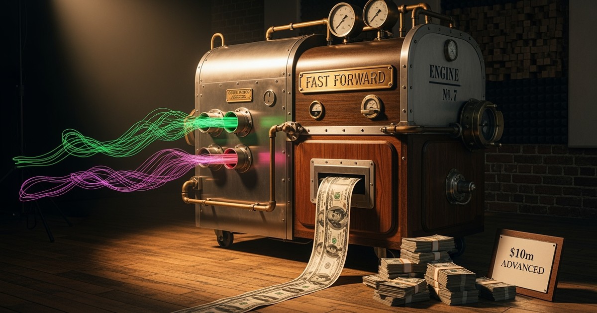 A retro machine in a workshop turns glowing data streams into a stack of cash, symbolizing AI artist financing.