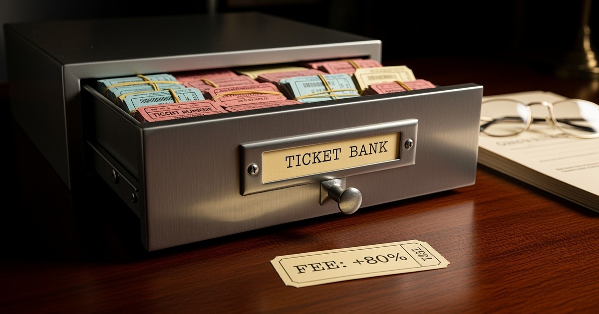 Steel drawer labeled Ticket Bank overflowing with concert tickets on a dark desk, with a ticket reading Fee +80% in focus.