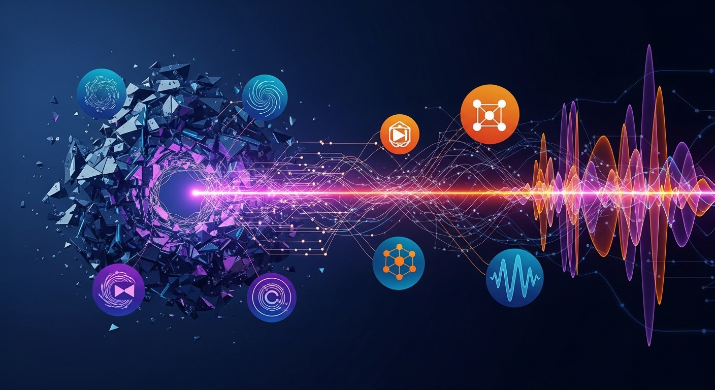 Abstract digital art with interlocking geometric shapes and glowing lines, vibrant contrasting colors