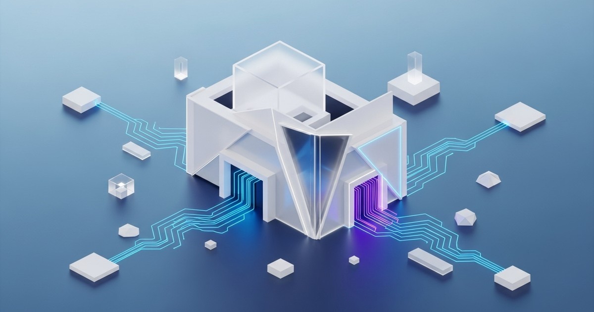 3D isometric render of a stylized, minimalist shop facade with glowing data lines connecting to surrounding abstract shapes.