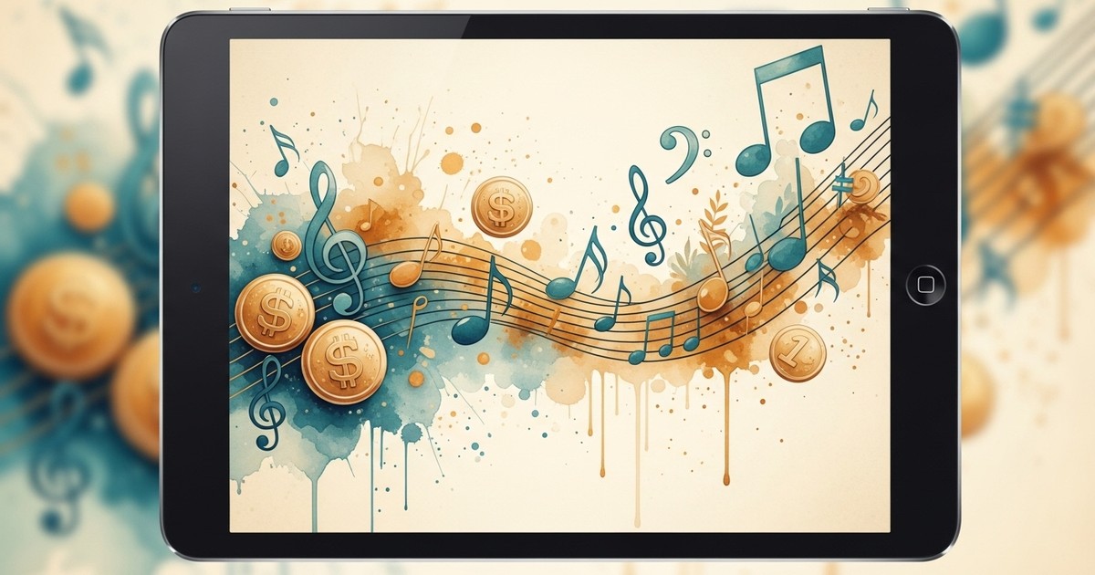 A whimsical watercolor painting of musical notes and coins emerging from a tablet screen.