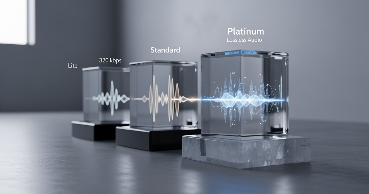 A soundwave passing through three labeled glass chambers, representing different audio quality tiers in a lab setting.