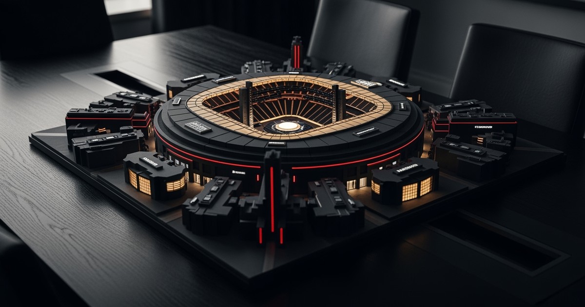 An architectural model of a stadium city, lit in red and gold on a boardroom table. A metaphor for a billion-dollar music tou