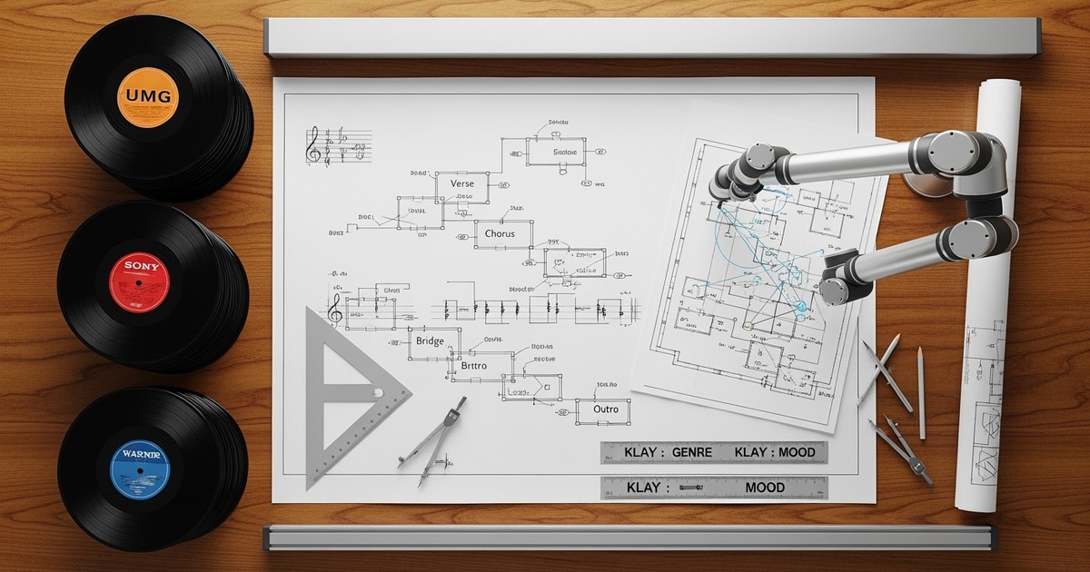 An architect's table from above, with musical blueprints, vinyl records, and robotic tools symbolizing a new AI music deal.