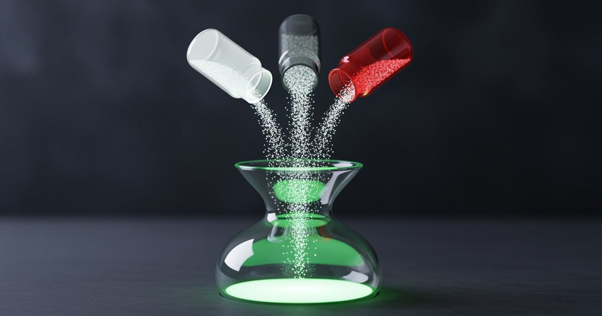 An abstract illustration of glowing data streams flowing from several small jars into one large one, symbolizing playlist mig