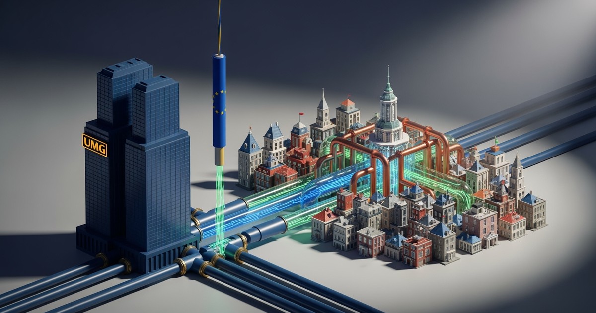 An architectural model showing a large corporate tower's data pipes being blocked from connecting to a network of indie label