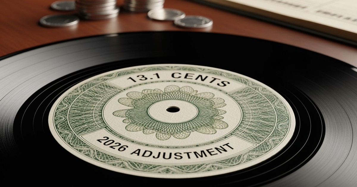 Close-up of a vinyl record label designed like a banknote reading "13.1 CENTS" and "2026 ADJUSTMENT" on a wooden desk.