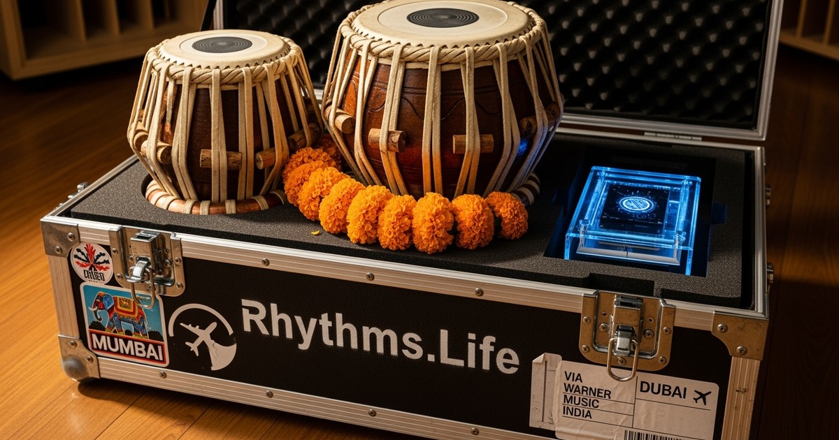 Open road case with Mumbai and Dubai stickers containing tabla drums and marigolds next to a modern hard drive.