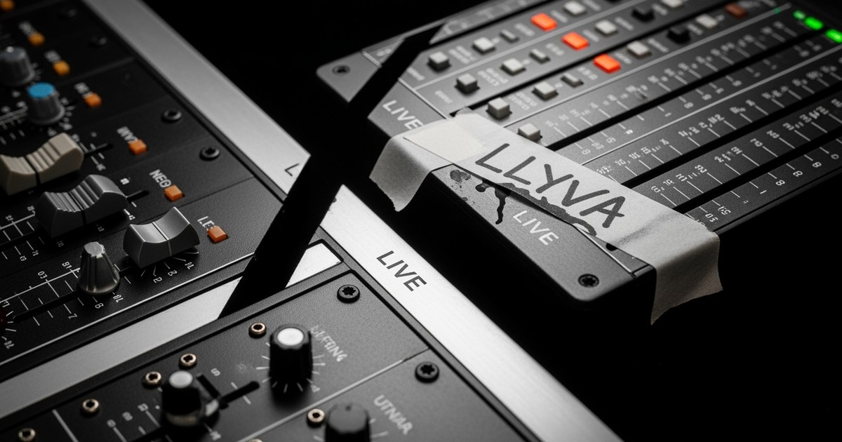 Cinematic macro photography of a high-end audio mixing console physically splitting apart, with a glowing fissure separating a bank of faders labeled 'LLYVA' on masking tape from the main dark chassis.
