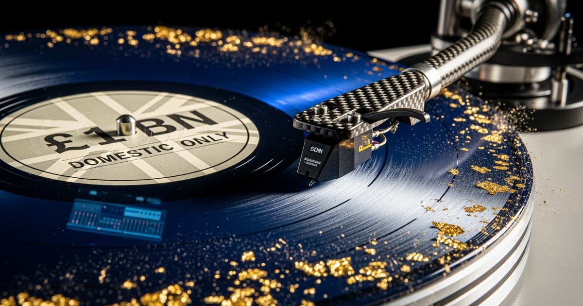 A cinematic macro photograph of a gold-flecked royal blue vinyl record spinning on a turntable. The record label features the
