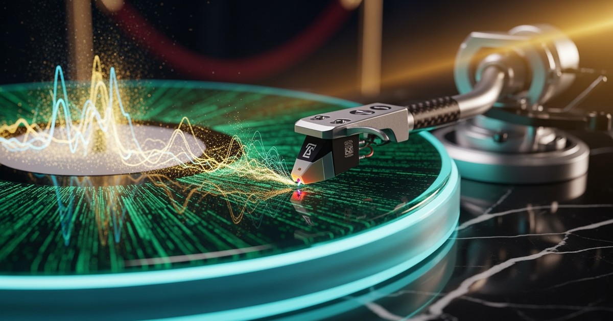 Macro close-up of a high-end futuristic turntable stylus playing a translucent, glowing record with visible light waveforms rising from the grooves, set in a dark audiophile environment.