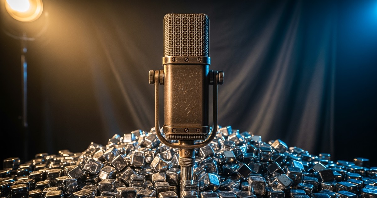 A vintage ribbon microphone standing on a dark surface, surrounded by a rising pile of thousands of identical, small, chrome geometric cubes that are beginning to bury its base, symbolizing a flood of artificial content.